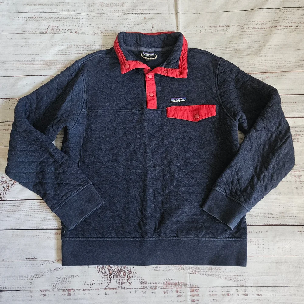 Patagonia Organic Cotton Quilted Snap-T Pullover Blue Red Mens Small